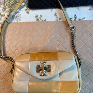 Tory Burch Mini Kira Quilted Patchwork Leather Crossbody Camera Bag Golden Straw